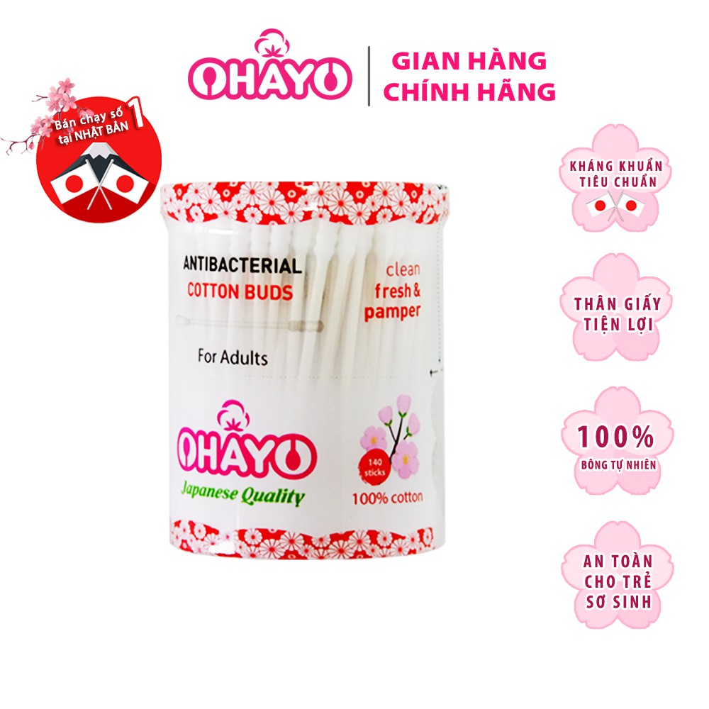 Tăm Bông Ohayo Kháng Khuẩn Cao Cấp Tiêu Chuẩn Nhật Bản - Đầu Bông 1 Xoắn 1 Tròn - Hộp 140 Que