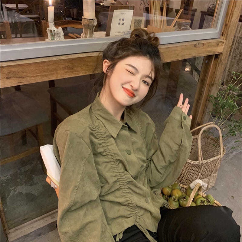 Áo sơ mi IELGY tay dài dáng rộng phối dây rút thời trang cho nữ