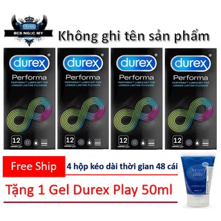 Combo 4 hộp 48 cái bao cao su kéo dài cuộc yêu durex performa + 1 tuýt gel bôi trơn durex play
