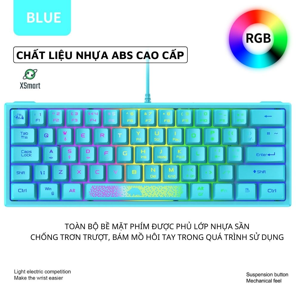 Bàn Phím Mini LED K61 Gaming Full 10 Chế Độ Nháy, Phím Bấm Siêu Êm, 62 Phím, Dùng Cho Máy Tính, Laptop, PC