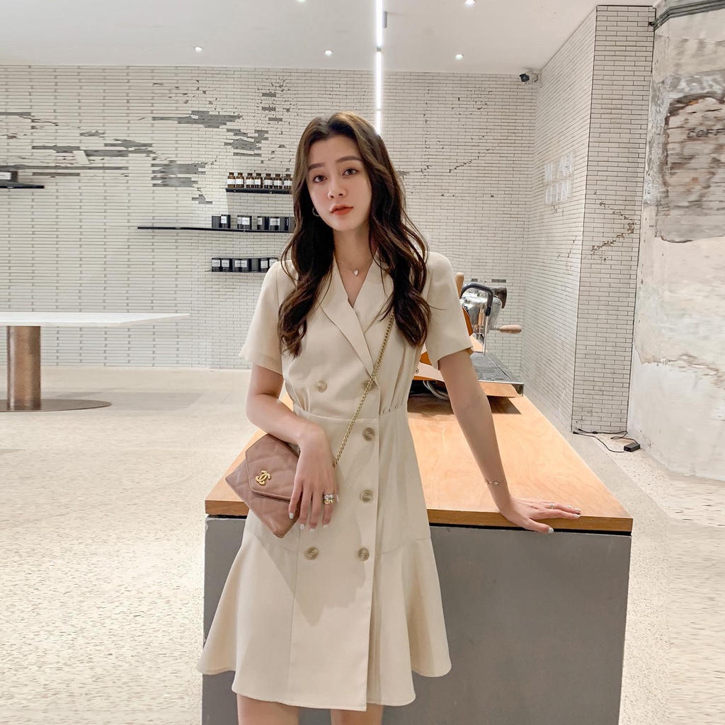 Đầm Công Sở Hai Hàng Nút Ôm Eo Ngọt Ngào Thanh Lịch Mùa Hè Cho Nữ
