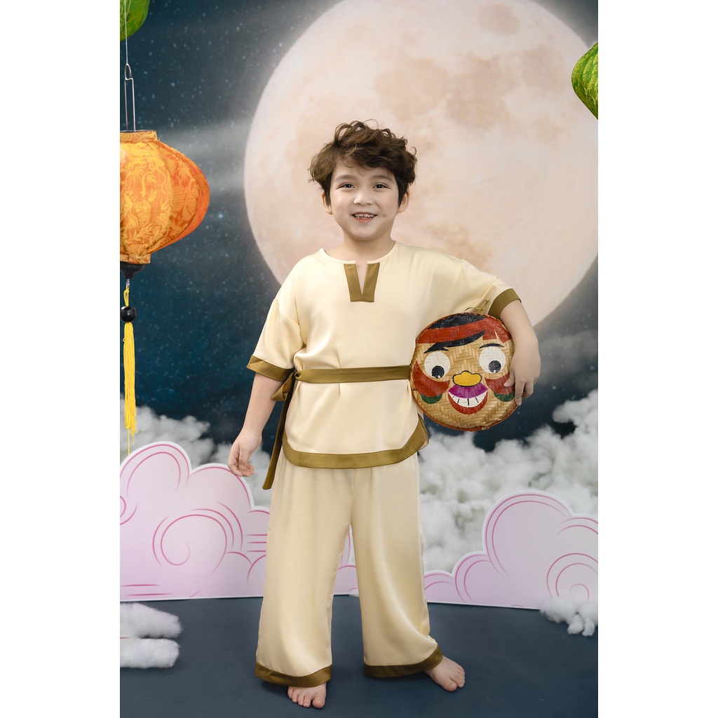 Set chú cuội áo cổ V có đai bé trai ILABY chất liệu lụa mềm mại [52IB1238H2FT]