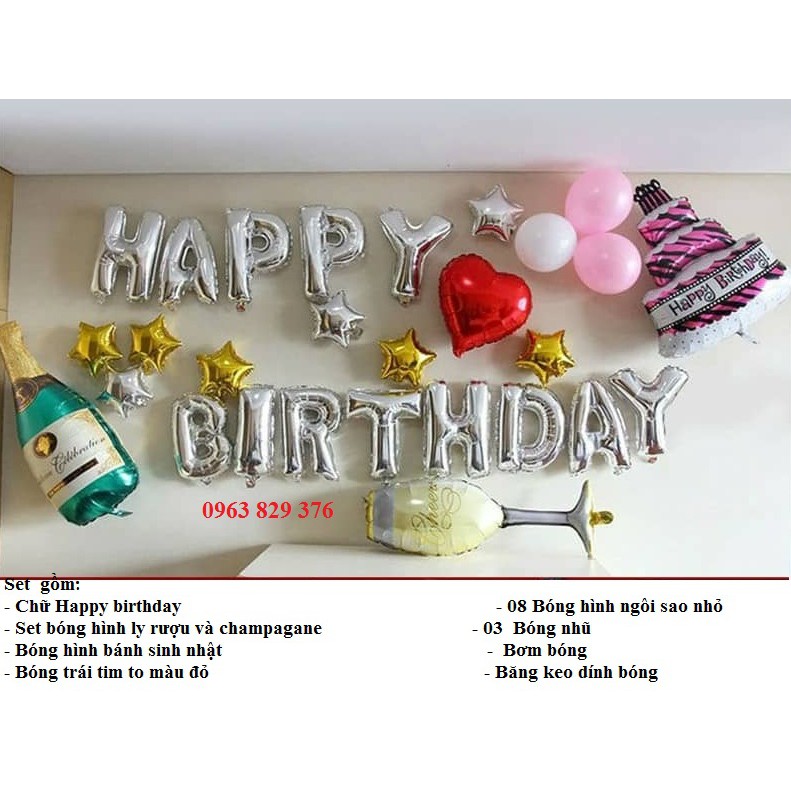 FREE SHIP HN-HCM: Set bóng trang trí sinh nhật sang trọng kèm ly chai và  bóng bánh sinh nhật