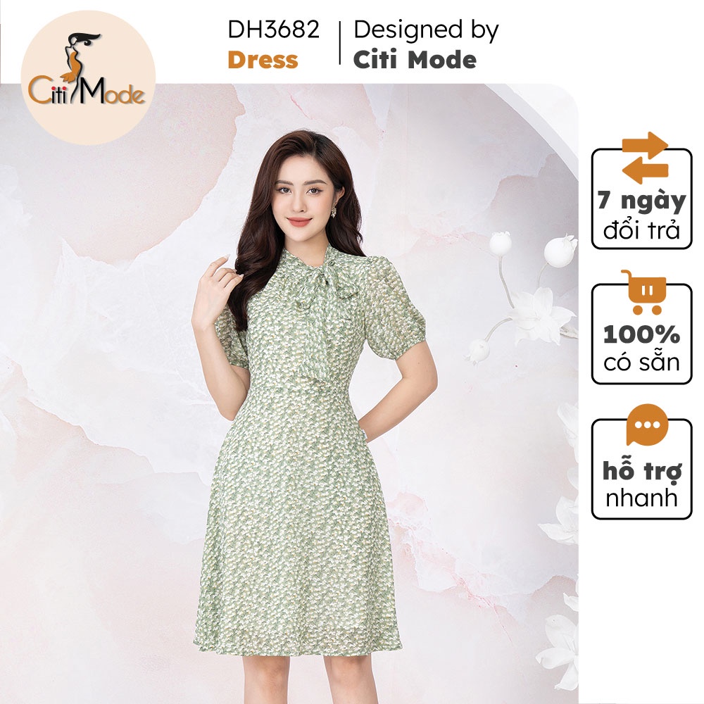 Đầm nữ thiết kế CITI MODE hoa nhí xanh dáng xòe cổ nơ cao cấp DH3682