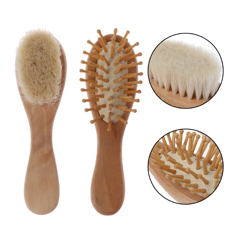 [Hàng mới về] Set 2 dụng cụ gồm bàn chải lông mềm và lược chải massage bằng gỗ cho trẻ sơ sinh