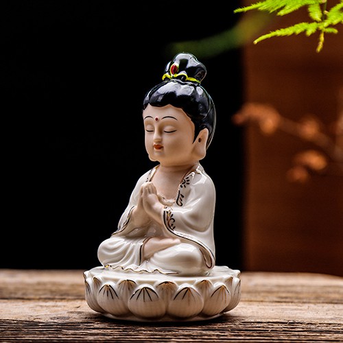 Chân đế gỗ tự tự nhiên phối kim loại kèm tượng Phật Bà áo trắng tọa đài sen