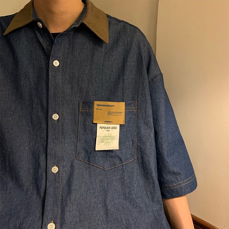 Áo Sơ Mi Denim Tay Ngắn Dáng Rộng Kiểu Retro Mỹ Cá Tính Cho Nam
