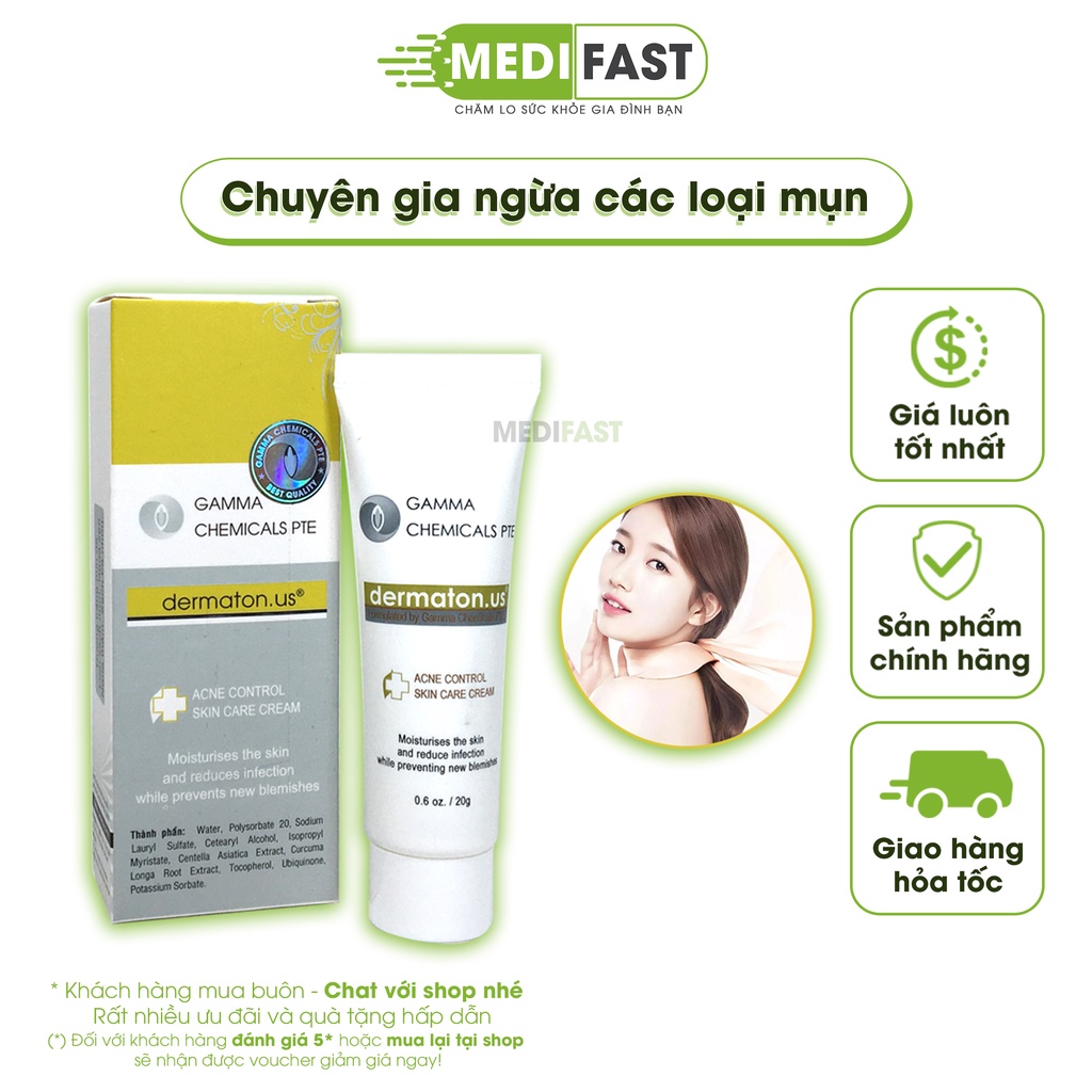 Kem ngừa mụn thâm Dermaton US - Gel mờ sẹo, giảm thâm mụn từ tinh chất nghệ, Vitamin E tuýp 20g