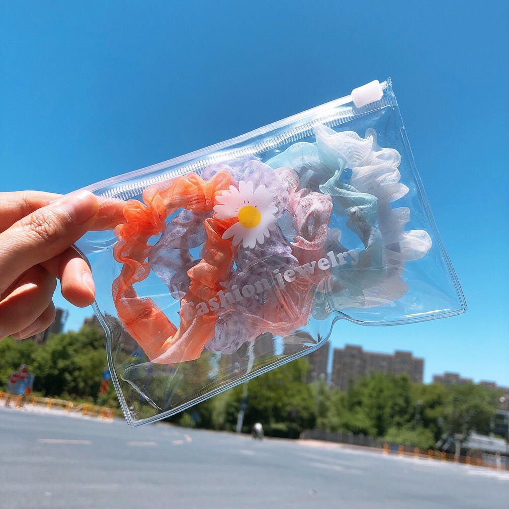 Sét 5 dây buộc tóc scrunchies hoa cúc lưới siêu xinh