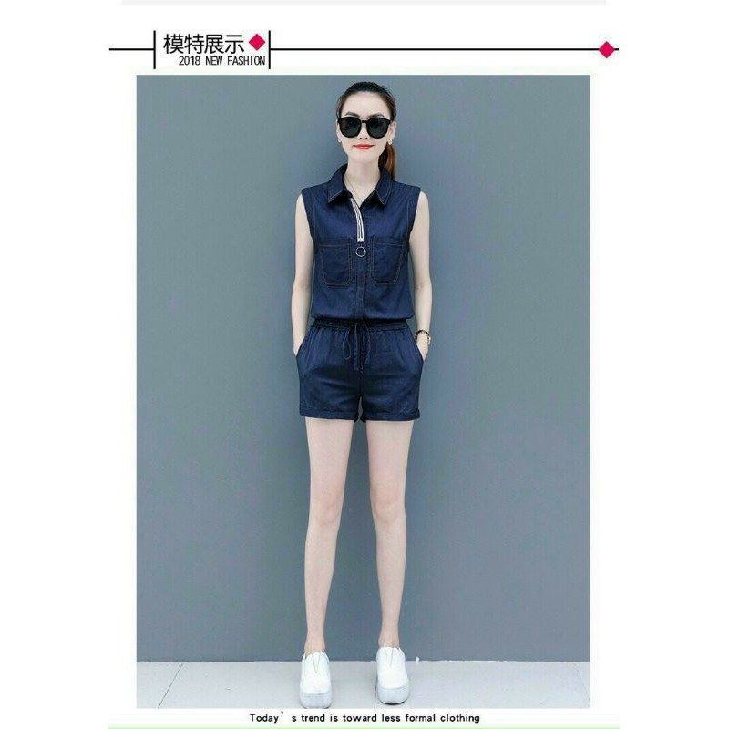 Set bộ nữ short cổ sơ mi, bộ đùi jean denim kéo khóa - DTH