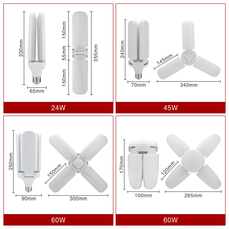 Bóng Đèn LED E27 24W 45W 60W AC 220V Ánh Sáng Trắng Có Thể Gập Lại Kèm Quạt 360 Độ