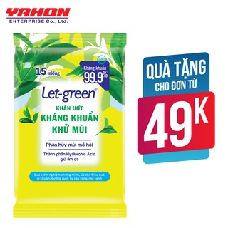 {QÙA TẶNG CHO ĐƠN HÀNG 49K } - KHĂN ƯỚT KHÁNG KHUẨN-KHỬ MÙI LET-GREEN 15 MIẾNG/GÓI