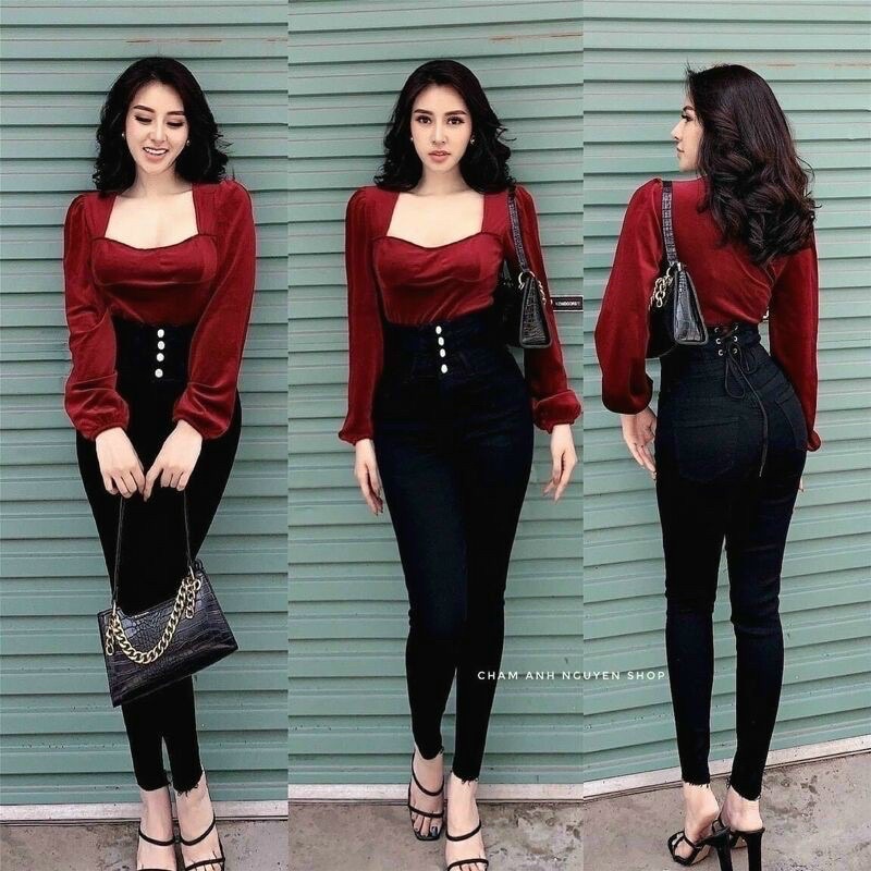 Áo nhung nữ cổ vuông tay dài màu trơn có mút sexy quyến rũ - Mã: 731 TV-Fashion