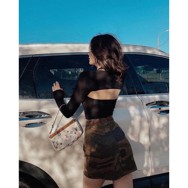Set Áo Croptop Đen Tay Dài Vintage
