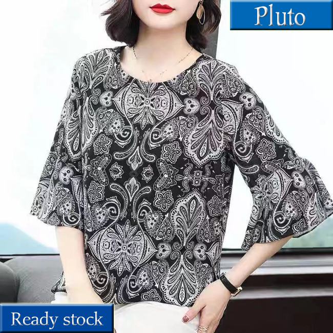 MỚI Áo thun nữ cổ thuyền tay loe in họa tiết cổ điển