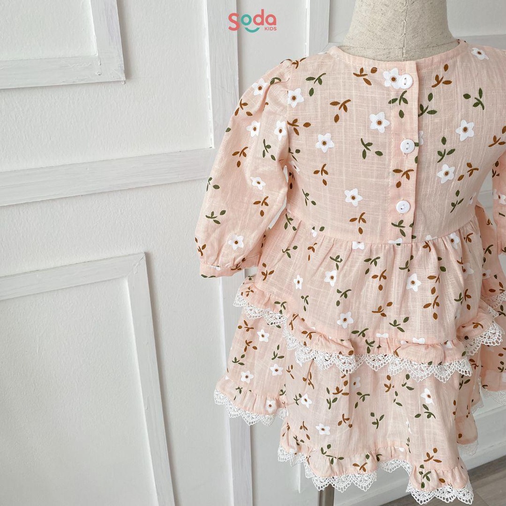 Váy bé gái ROSÉ DRESS SODA KIDS thiết kế tay bồng, phối ren, chất liệu linen Hàn, họa tiết hoa dễ thương