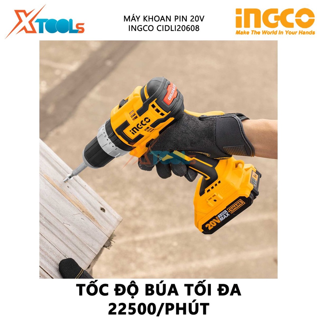 Máy khoan búa dùng pin 3 chức năng 20V INGCO CIDLI20608 motor không chổi than, tốc độ 450-1900rpm, tốc độ đập 22500/min