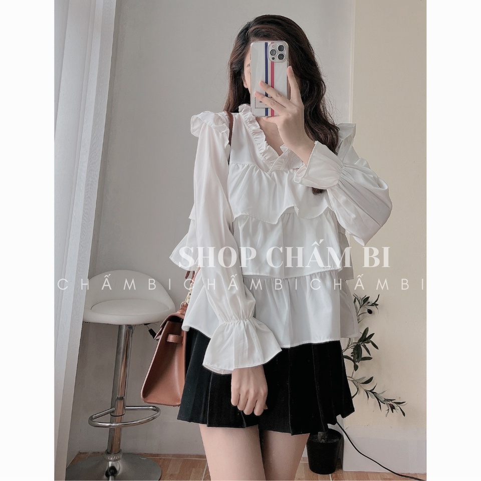 Áo kiểu nữ bánh bèo A.290, Áo sơ mi babydoll dài tay 3 tầng bèo xòe tay bo bèo nhẹ cổ tim cách điệu ngọt ngào cực xinh