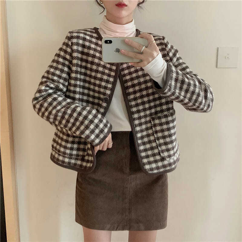 Áo Khoác Nữ Ca Rô Dài Tay Cổ Bẻ Thời Trang | BigBuy360 - bigbuy360.vn