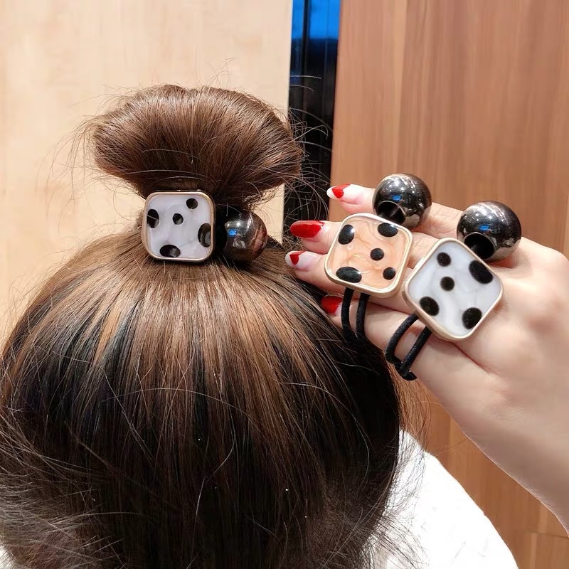 Dây Buộc Tóc Cao Su Co Giãn Họa Tiết Chấm Bi Trắng Đen Phong Cách Hàn Quốc Cho Nữ