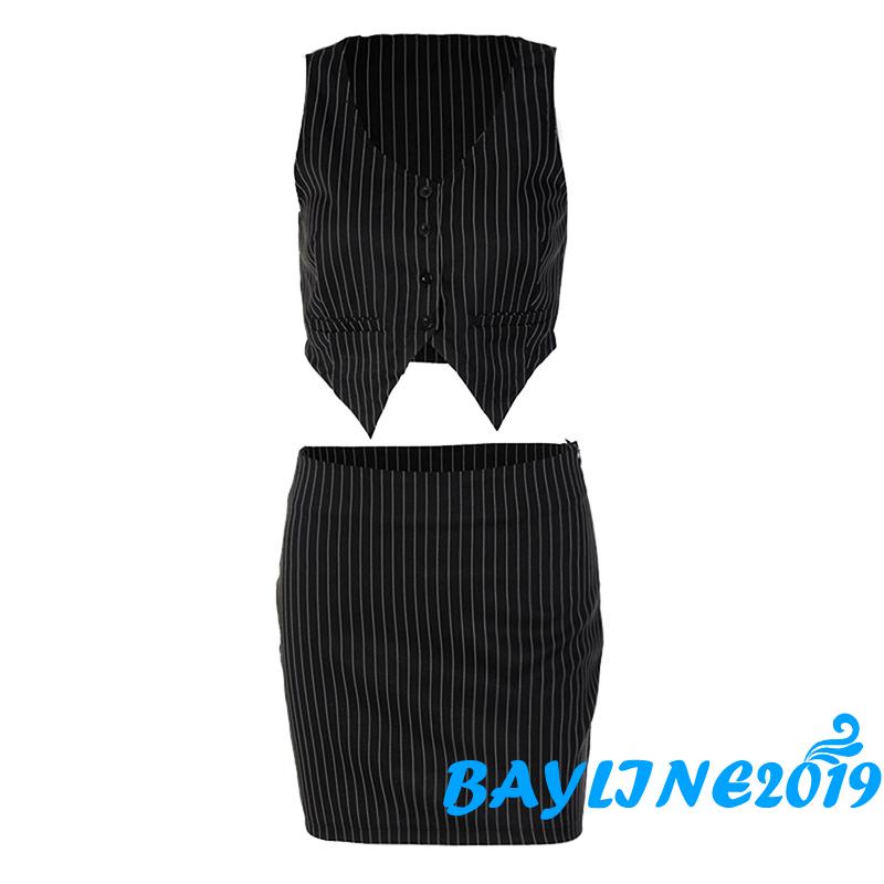 Set Áo Tank Top Cổ Chữ V + Chân Váy Chữ A Họa Tiết Sọc Đen Size S/M/L Cho Nữ