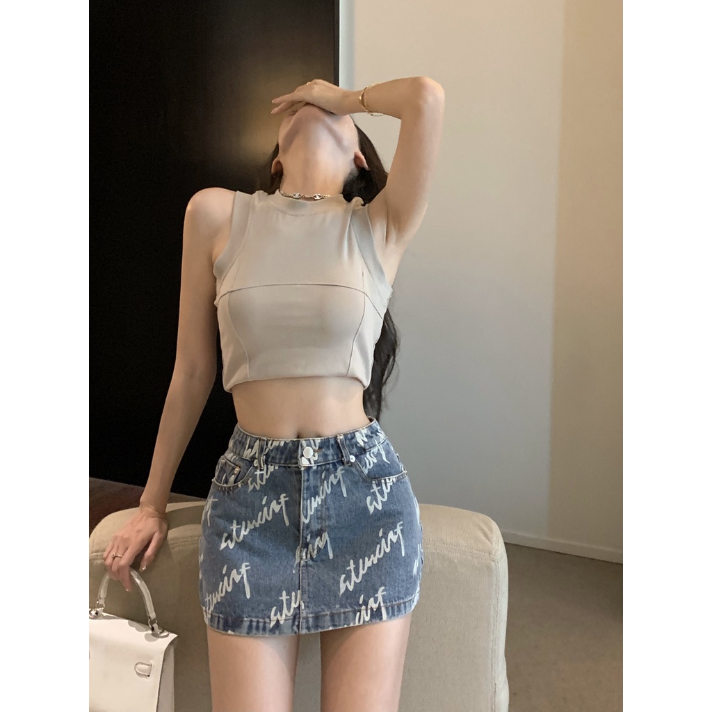 Chân váy jean chữ A IHKKE lưng cao dáng ôm phong cách retro dành cho nữ