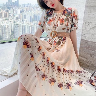 Đầm maxi hoa thổ Cẩm lụa kèm belt. Nhập QC