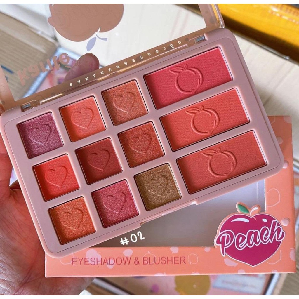 [2in1] Phấn Mắt 9 Ô Màu Nhũ Lì + 3 Tone Má Hồng Siêu Đẹp Karite Peach Eyeshadow & Blusher No.87252