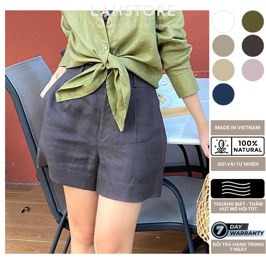 Quần Short Nữ Linen Ống Rộng Xắn Gấu Lưng Thun LAHSTORE (Chì)