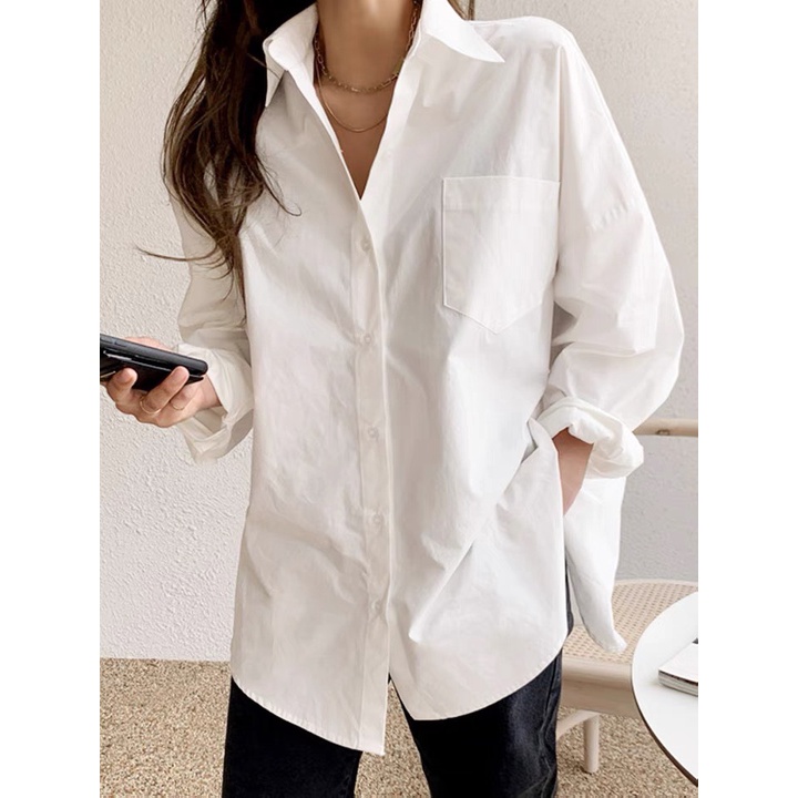 Áo sơ mi nam nữ dài tay Hàn Quốc Unisex Basic trơn from rộng màu trắng và đen Chất lụa mịn mát không nhăn xù chống phai