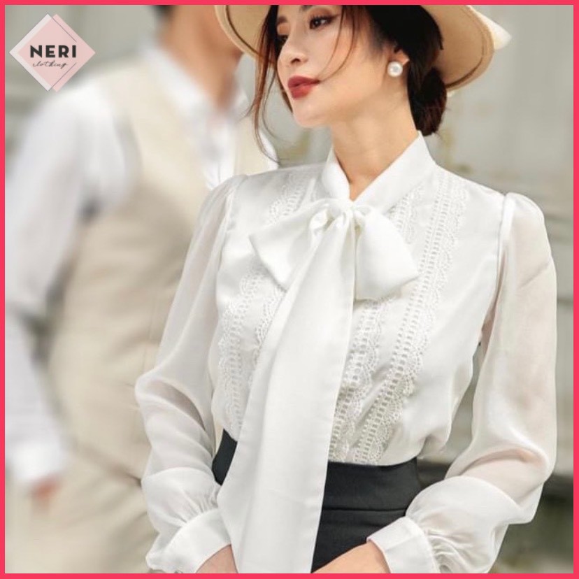 Áo sơ mi nữ công sở G108 cổ nơ phối ren nhỏ xinh, chất lụa mát, không nhăn, áo nữ thắt nơ cổ trắng đẹp