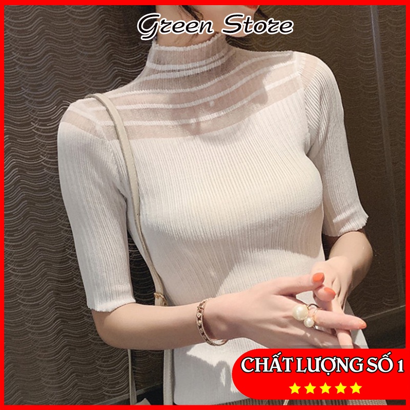 Áo nữ sợi dệt kim mỏng phối lưới cổ mùa đông xuân