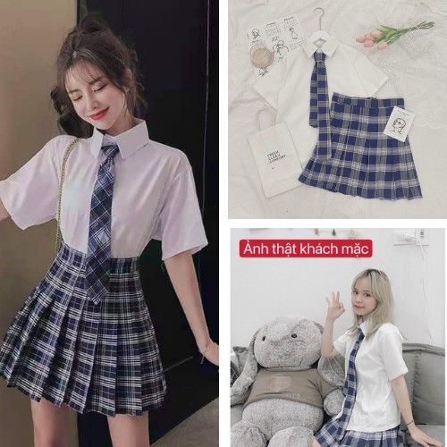 Set áo sơ mi ngắn tay mix chân váy caro kèm cà vạt💕𝑭𝑹𝑬𝑬𝑺𝑯𝑰𝑷💕 | BigBuy360 - bigbuy360.vn
