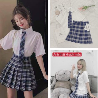 Set áo sơ mi ngắn tay mix chân váy caro kèm cà vạt💕𝑭𝑹𝑬𝑬𝑺𝑯𝑰𝑷💕