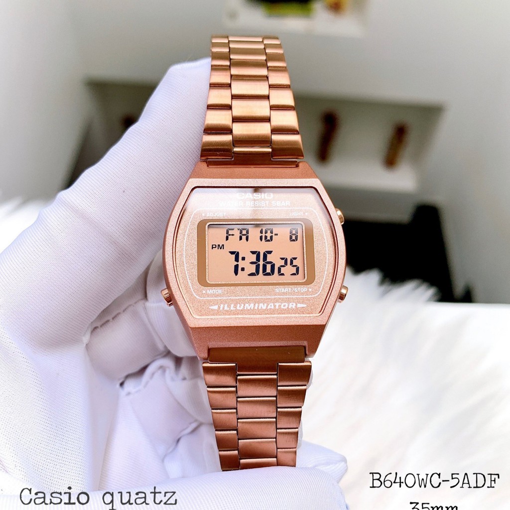 Đồng hồ Unisex(Nam/Nữ) chính hãng Casio B640WC-5ADF Quartz Mạ vàng hồng-Máy Pin-Dây kim loại-Tuổi thọ pin 7 năm