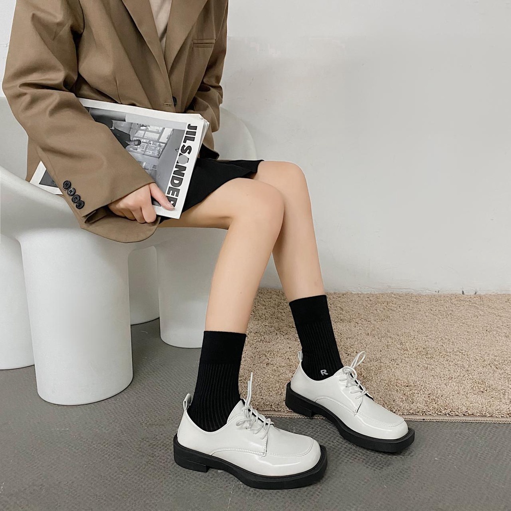 Giày Da Oxford Mũi Vuông Thắt Dây Thời Trang Cho Nữ