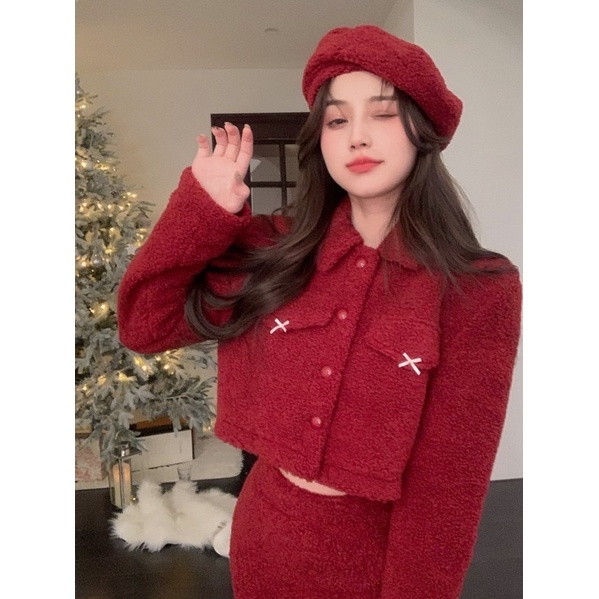 Set áo croptop dạ đỏ đính nơ phối chân váy chữ A nổi bật đi chơi Noel, Tết HanaStore