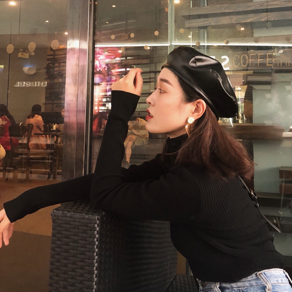 Nón beret vải da PU thời trang, mũ nồi ulzzang có dây điều chỉnh Emmer191
