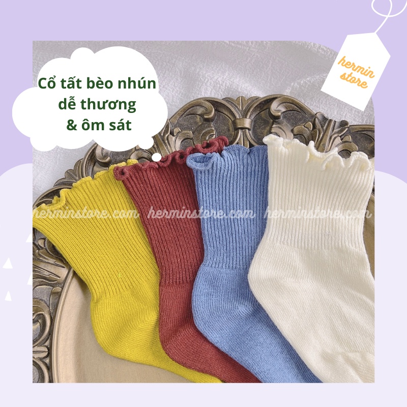 Tất bé gái ngắn cổ bèo nhún nhiều màu - vớ cho bé gái vintage 100% len cotton siêu mịn