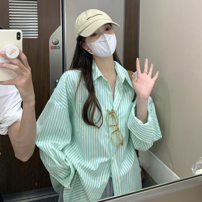 Xiaozhainv Áo Sơ Mi Cổ Bẻ Dáng Rộng Kẻ Sọc Trẻ Trung Hợp Thời Trang Hè Cho Bạn Gái