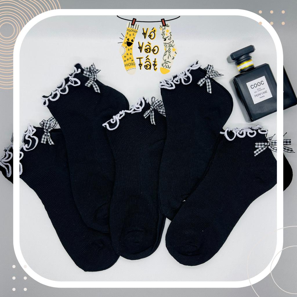 VỚ TẤT NỮ CỔ NGẮN VIỀN BÈO NHÚN GÓT NƠ LOLITA MÀU ĐEN