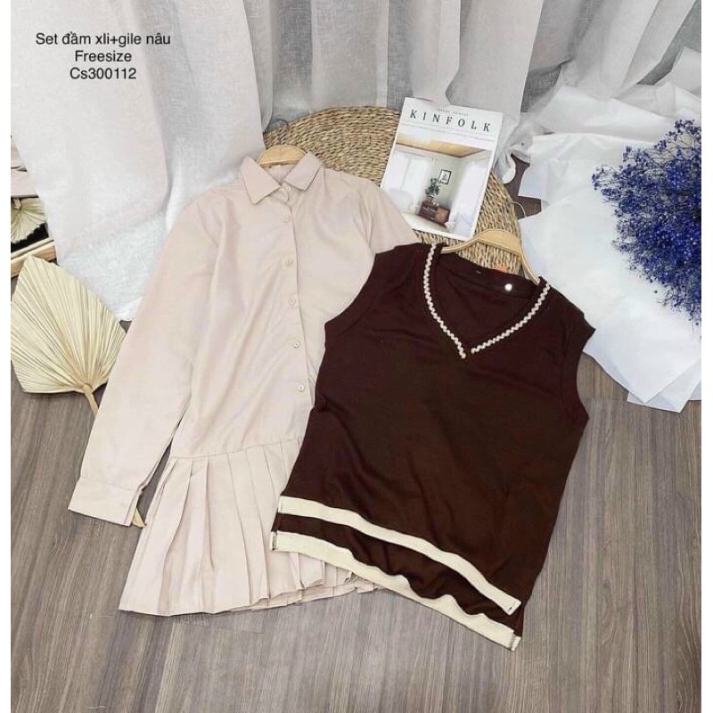 11g- Set đầm sơ mi đuôi cá và áo gile nâu