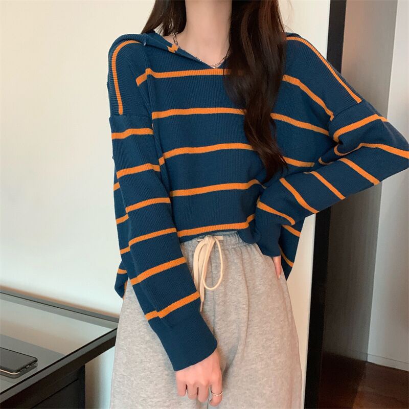 Áo len Zhelihangfei tay dài cổ thủy thủ họa tiết kẻ sọc dáng rộng dễ phối đồ