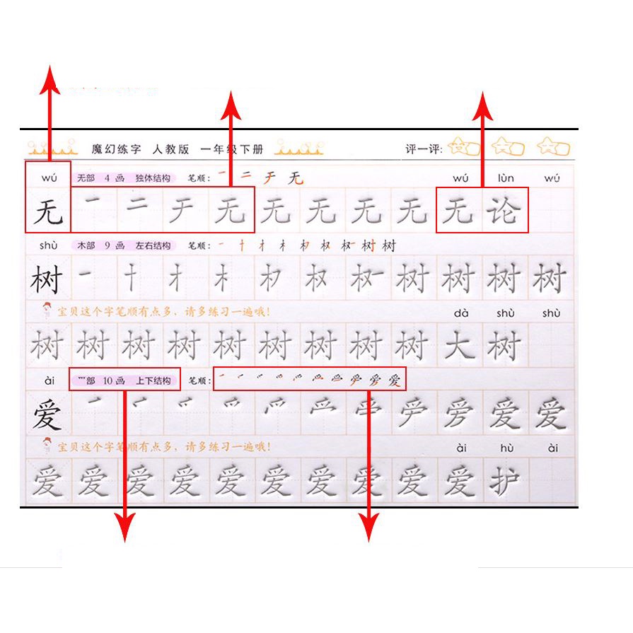 Vở tập viết chữ hán sơ cấp dùng cho người mới bắt đầu, luyện viết tiếng trung in chìm từng nét