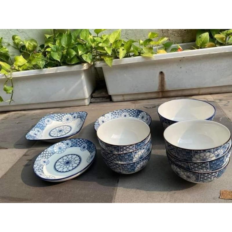Bộ Bát đĩa ăn cơm hoa văn xanh sang trọng sứ trắng men sáng dày đẹp