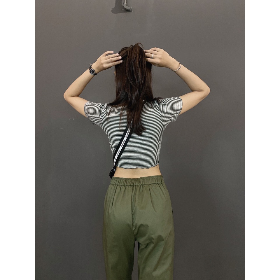 Áo Croptop Tay Ngắn Cổ Vuông Ôm Body Rút Ngực Màu Trơn, Sọc Mùa Hè Cho Nữ Mati House - YA035150
