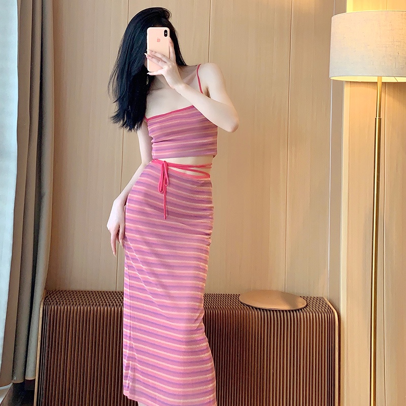 Set Áo Hai Dây Kẻ Sọc Màu Tương Phản + Chân Váy Cột Dây Ôm Dáng Thời Trang Mùa Hè Cho Nữ