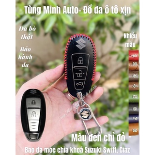 Bao da chìa khoá smartkey ô tô Suzuki Ertiga 2018,Swift, Ciaz,Vitara loại nút nhọn 2 nút handmade da bò thật