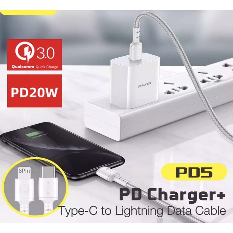 Bộ Sạc Nhanh AWEI PD5 công suất 20W dành cho iPhone, gồm củ sạc kèm dây dù Type-C to Lightning bền, đẹp