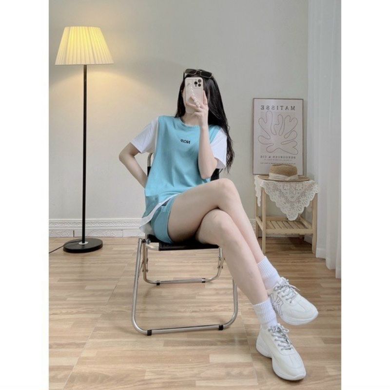 Bộ quần áo thể thao nữ chất cotton co giãn thoáng mát phối màu, đồ bộ mặc nhà mùa hè